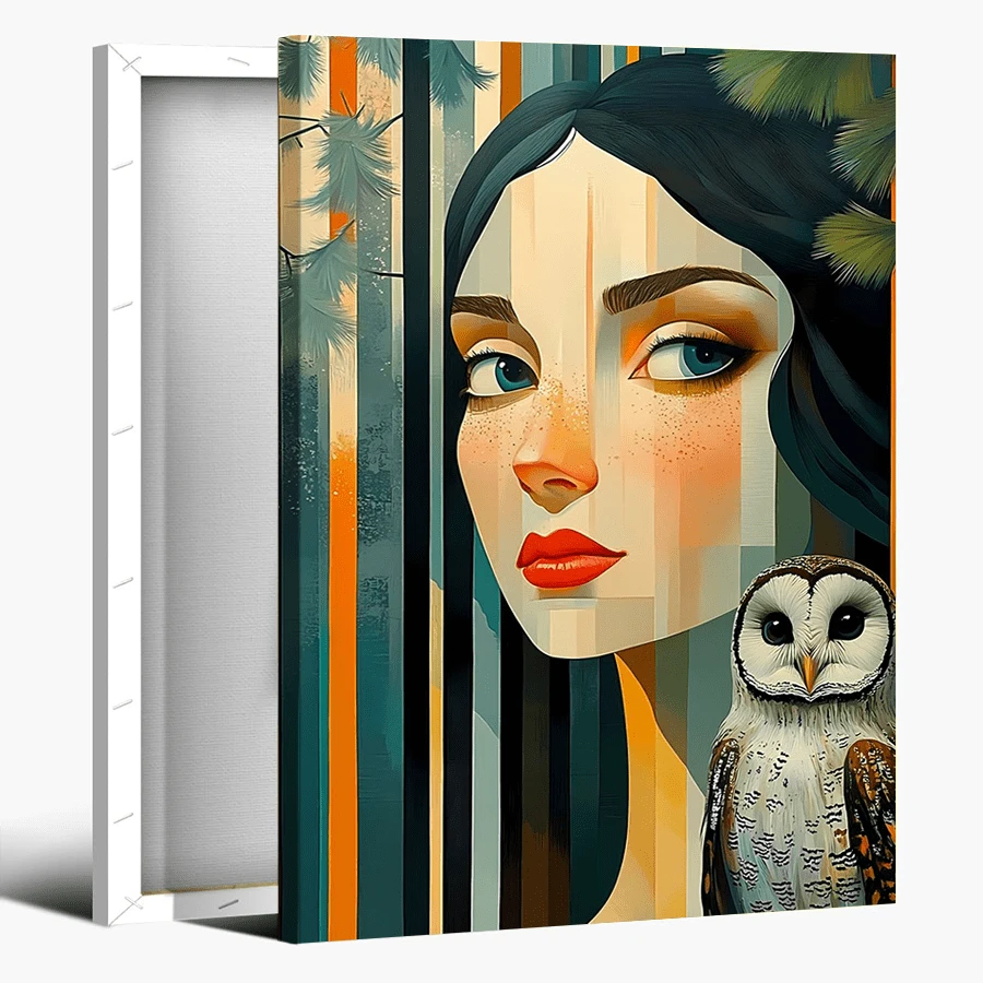 1pc Framed Canvas Poster, Forest - Themed Girl With Owl Companion Wall Art Canvas Paintings, Ideal Gift For Bedroom Living Room Corridor, Wall Art, Room Decoration