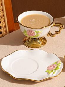1 套陶瓷咖啡杯和碟，适用于家庭、厨房、餐厅、客厅，用于盛放茶、咖啡、牛奶、果汁，适用于户外、婚礼、派对、礼物、生日
