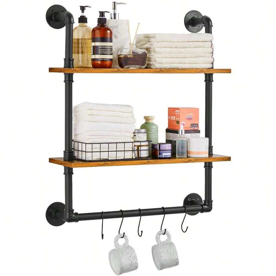 Rustic Industrial 2 Tier Wall Mounted Pipe Shelf For Kitchen And Bedroom Storage - Black - View 1