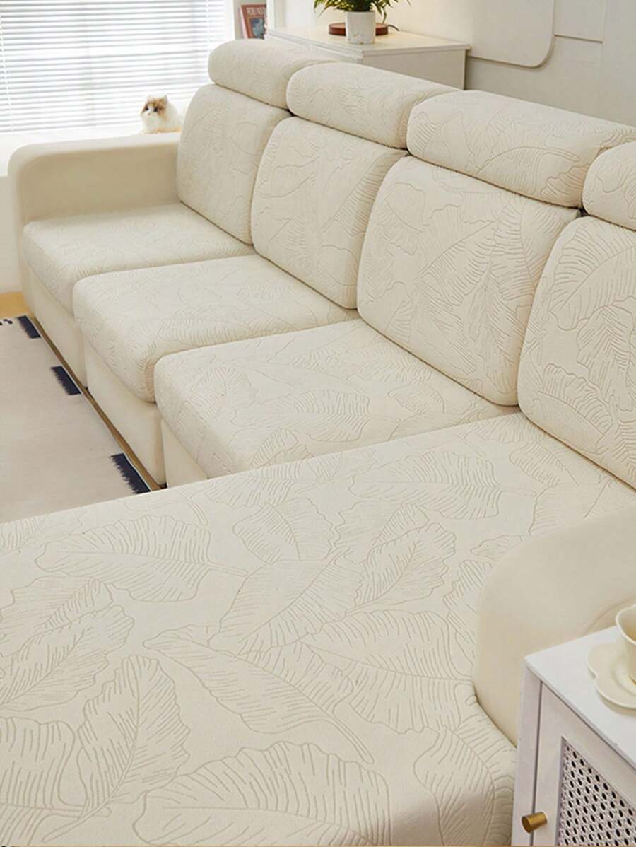 1pc Leaf Pattern Stretch Sofa Cover, Modern Minimalist Style Sofa Seat Cushion Cover, Pet Friendly Anti-Scratch Sofa Protector, Machine Washable Home Decor, Fit For L-Shaped Combination Sofa And 1/2/3/4-Seater Sofa (Sold Separately)