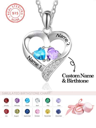 1 Stück personalisierte Halskette mit 2 Geburtssteinen, Kette mit Herzanhänger aus 925 Sterling Silber, Geschenk zum Muttertag für Frauen
