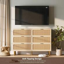 Studyset Rattan 6 Drawer Dresser For Bedroom,6 Drawer Wide Dresser,Farmhouse Chest Of Drawers With Deep Drawers,Large Double Dresser For Closet With Wide Top,Horizontal Wooden Dresser For Hallway,Living Room,Bedroom - 木材顏色 - 查看 5