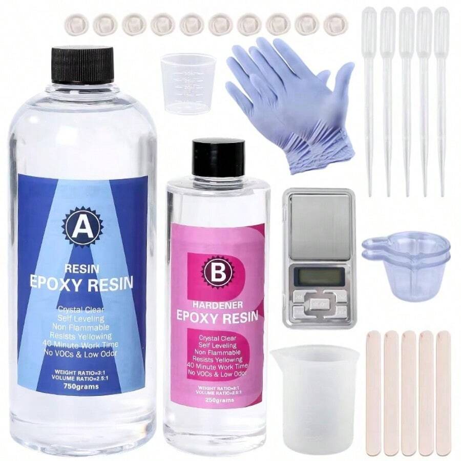 QIAO Kit de resina epoxi cristal claro de fácil mezcla 3:1 AB con palitos, tazas graduadas y guantes para hacer joyas, manualidades y arte DIY