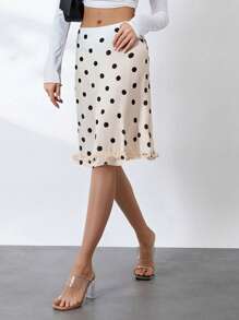 Midi Skirt See Through Low Rise Ruffled Hem Dot Pattern White Black Sheer Skirt
