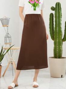 Women's Summer High Waist Skirt Solid Color Long Satin Skirt For Travel, Beach, Shopping - 摩卡棕 - 查看 2
