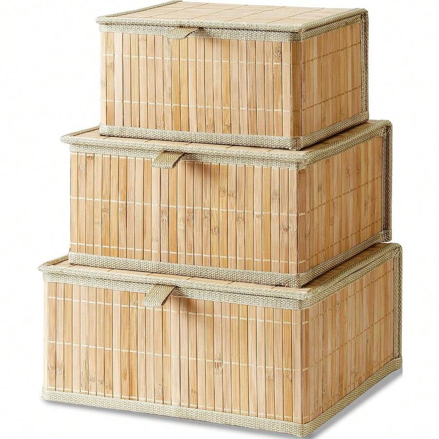 Honygebia Bamboo Decorative Storage Boxes - Set Of 3 Woven Lined Storage Basket With Lids, White Wicker Lidded Baskets For Home Kitchen Shelf Organizer Decor - Wooden Beige - View 1