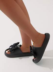 Süße und niedliche Farbblock Baumwoll-Schlüpfschuhe mit Schleife für Damen, Strandstil