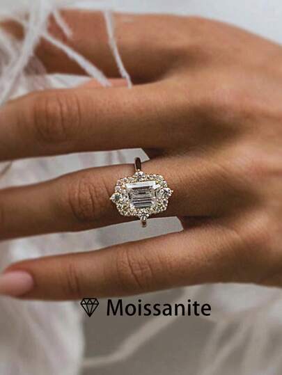 1 Stück Damen Luxus Ring, 925er Sterling Silber 2ct rechteckiger Moissanit Ring, eleganter Palast-Stil Feiner Schmuck, Geschenk für Verlobung, Hochzeit, Jahrestag mit Moissanit-Zertifikat und delikater Geschenkbox