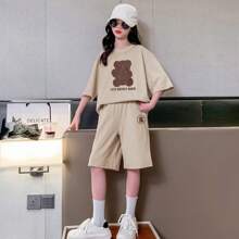 2pcs/Set Tween Girl Girls' Round Neck Short Sleeve T-Shirt And Shorts Set, Casual Sports Outfit