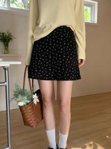 碎花A字休闲裙，清新时尚夏日 - 黑色 - 查看 1