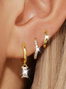 6pcs Fashionable Minimalist Copper Alloy Cubic Zirconia Gold Square Chunky Hoop Earrings Set, Women's Birthday, Holiday, Party Accessories, Match Daily Outfits - Silver - View 7