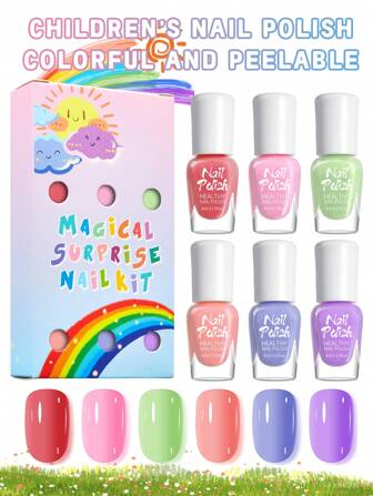 6 件/套/4 毫升彩色儿童趣味指甲油套装，涂鸦美甲水基免烤凝胶指甲油顶层和底层涂层，多色闪粉，适合儿童美甲沙龙、DIY 家居、节日、生日