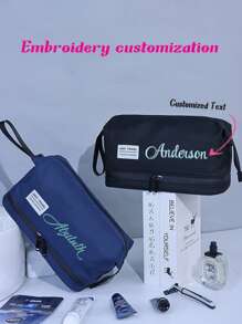 1pc Customizable Expandable Men's Toiletry Bag, Personalized Embroidered Text Storage Pouch, Portable Travel Cosmetic Bag, Large Capacity Grooming Kit, Wet & Dry Separated Wash Bag, Suitable For Daily Use And As A Gift For Family, Friends, Father, Christmas, Easter, Father's Day, Valentine's Day, Birthday - Multicolor - View 1