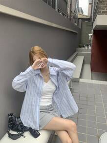 韩版休闲宽松条纹长袖衬衫，春夏款 - 藍色 - 查看 4