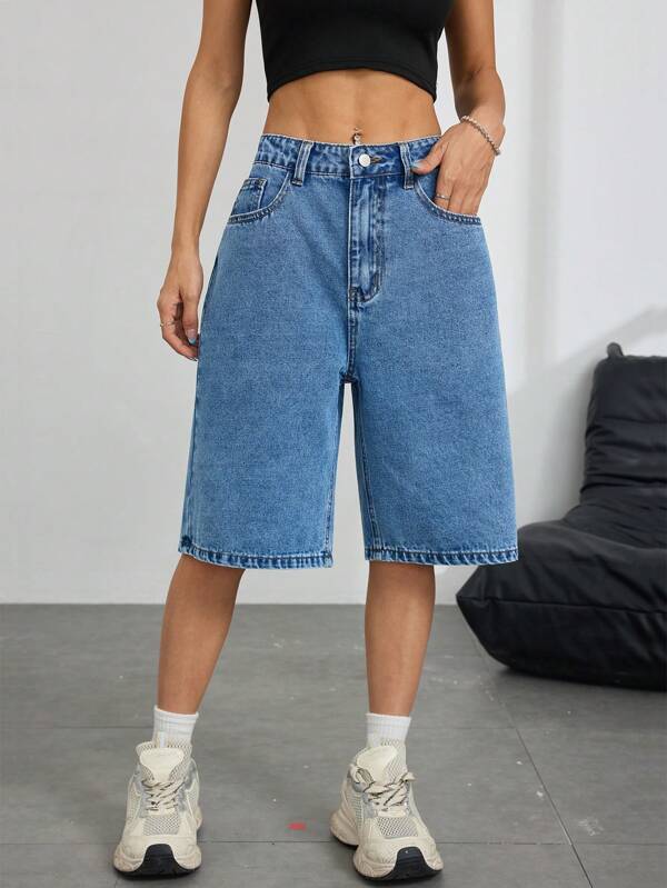 Women's Plain Denim Bermuda Shorts, Simple And Fashionable, Suitable For Summer