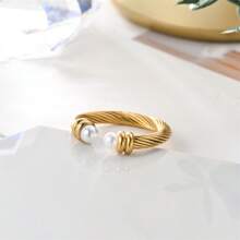 1 Stück luxuriöser retro asymmetrischer Tigeraugen-Perlen Edelstahl 18 Karat Goldring, einzigartiger personalisierter hochwertiger spiralförmig verstellbarer Naturperlenring zum täglichen Tragen für Frauen