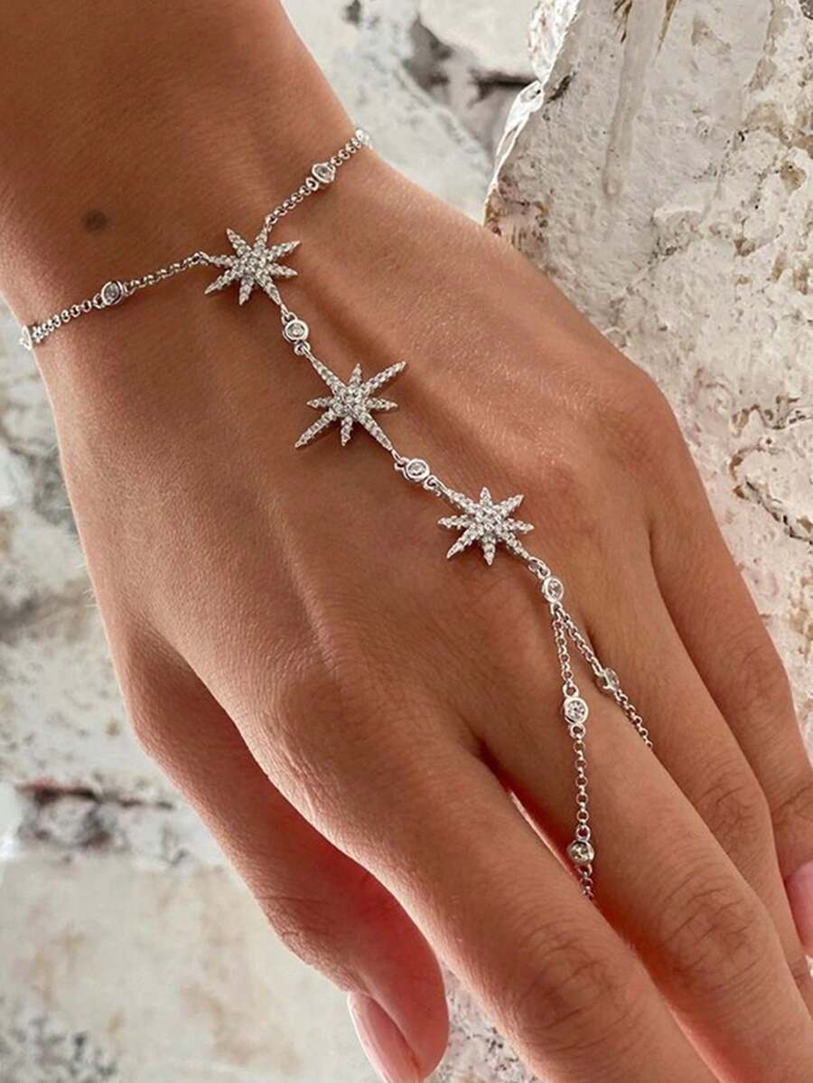 1pc Women's Sparkling Star Studded Finger Chain Bracelet, Suitable For Daily, Party And Travel Wear - Silver - View 1