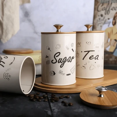 3pcs Coffee Jars, Retro Style Food Sealed Tank With Wooden Lid AndSealing Strip, Leak Proof And Reusable Food Storage Box, For Biscuit,Candy And Sugar, Kitchen Organizers And Storage, Kitchen Accessories