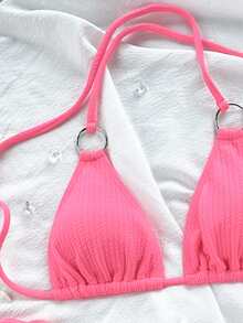 2026 New Pink Women's Swimsuit, Beach Halter Style, Sweet Bikini Two Pieces Tie Side Ring - Hot Pink - View 4