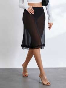 Midi Skirt See Through Low Rise Ruffled Hem Dot Pattern White Black Sheer Skirt - 黑色 - 查看 3