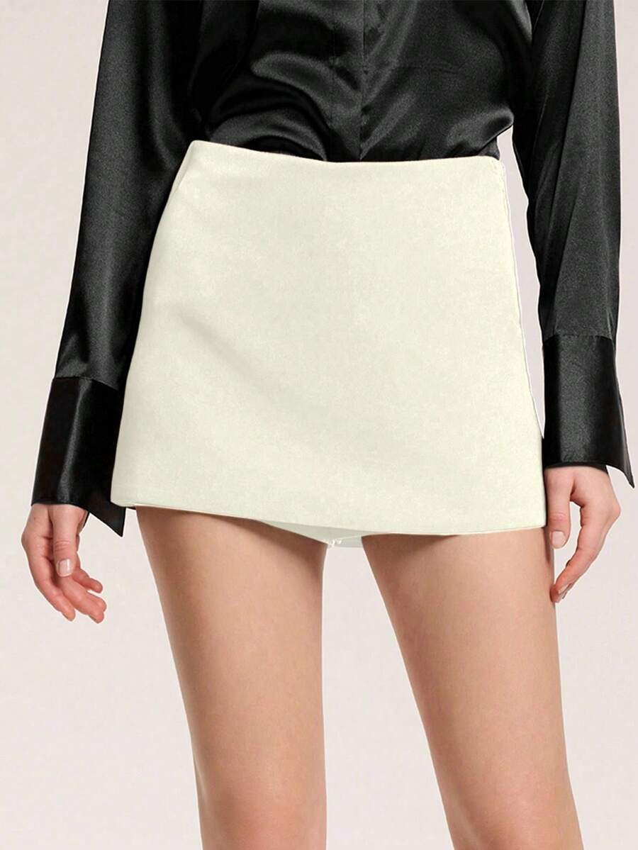 Solid Color High-Waisted Basic Skort, Simple & Fashionable, Suitable For Summer - Beige - View 1