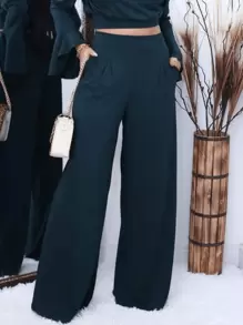 Visco Lycra Wide Leg Pants With Pockets - Dark Green - View 1