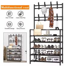 5 Tiers 8 Hooks Hat & Coat Hanger Stand Shoe Rack Metal Shelf Storage Organiser - Black - View 3