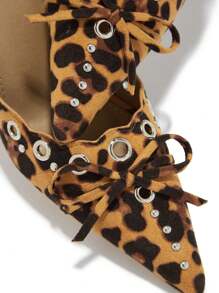 High Heeled Mules For Women Slip On Pointy Bow Heels Suede Dress Kitten Pumps Backless Wedding Shoes - Leopard - 查看 6