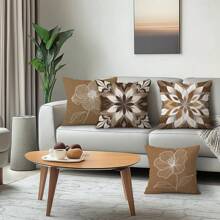 4pcs Brown Line Floral Print Set - Single-Sided Printed Throw Pillow Cover 45*45cm, Peach Velvet