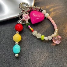 多巴胺 - 注入彩色串珠包饰心形钥匙扣夏季包包吊坠手链花朵花卉伴娘礼物 - 彩色 - 查看 4