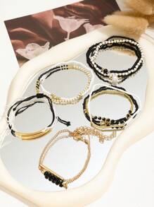 12pcs/Set Handmade Black Crystal Look Fashion Bracelets Set, Beads Woven Faux Pearl Bracelet Set For Women