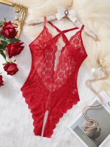 Women's Sexy Lace Open Back Crotchless Bodysuit - Red - View 2