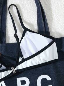 女士纯色黑白拼接性感休闲度假比基尼泳装，适合海滩度假夏季穿着。 - 白色 - 查看 6