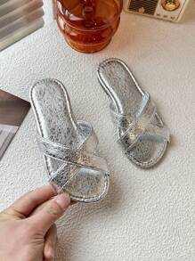 1 Pair Kids' Summer Shiny Punk Style Beach Sandals, Solid Color Design, Comfortable & Versatile - Silver - View 5