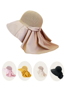 1pc Women's Solid Color Hollow Out Bowknot Sunscreen Versatile Shawl Cap, Suitable For Fashionable Commuting - Bucket Hat - View 1