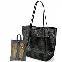 [旅行收纳袋] 2 件装沙滩尼龙网眼手提包、网眼鞋袋、休闲手提包女士可折叠单肩包，适合海滩野餐度假 - 彩色 - 查看 9