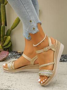 全新时尚休闲金色舒适白色交叉 PU 女士户外旅行百搭厚底凉鞋 - 金色 - 查看 5