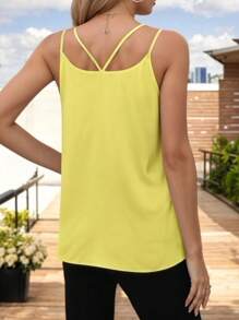 Women's Basic Blouse With Crossed Straps And V-Neckline - Yellow - View 2