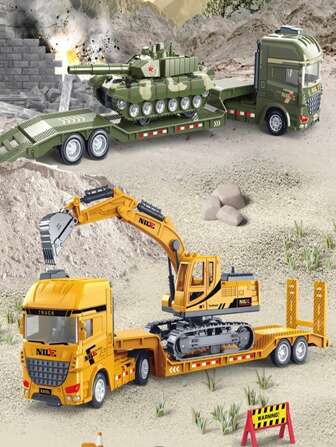 2pcs Semi-Trailer Shipping Container Engineering Toy Set, Include Vehicle, Tank, Excavator, Truck Models, Inertial Toy, Educational Gift For Children,Back To School