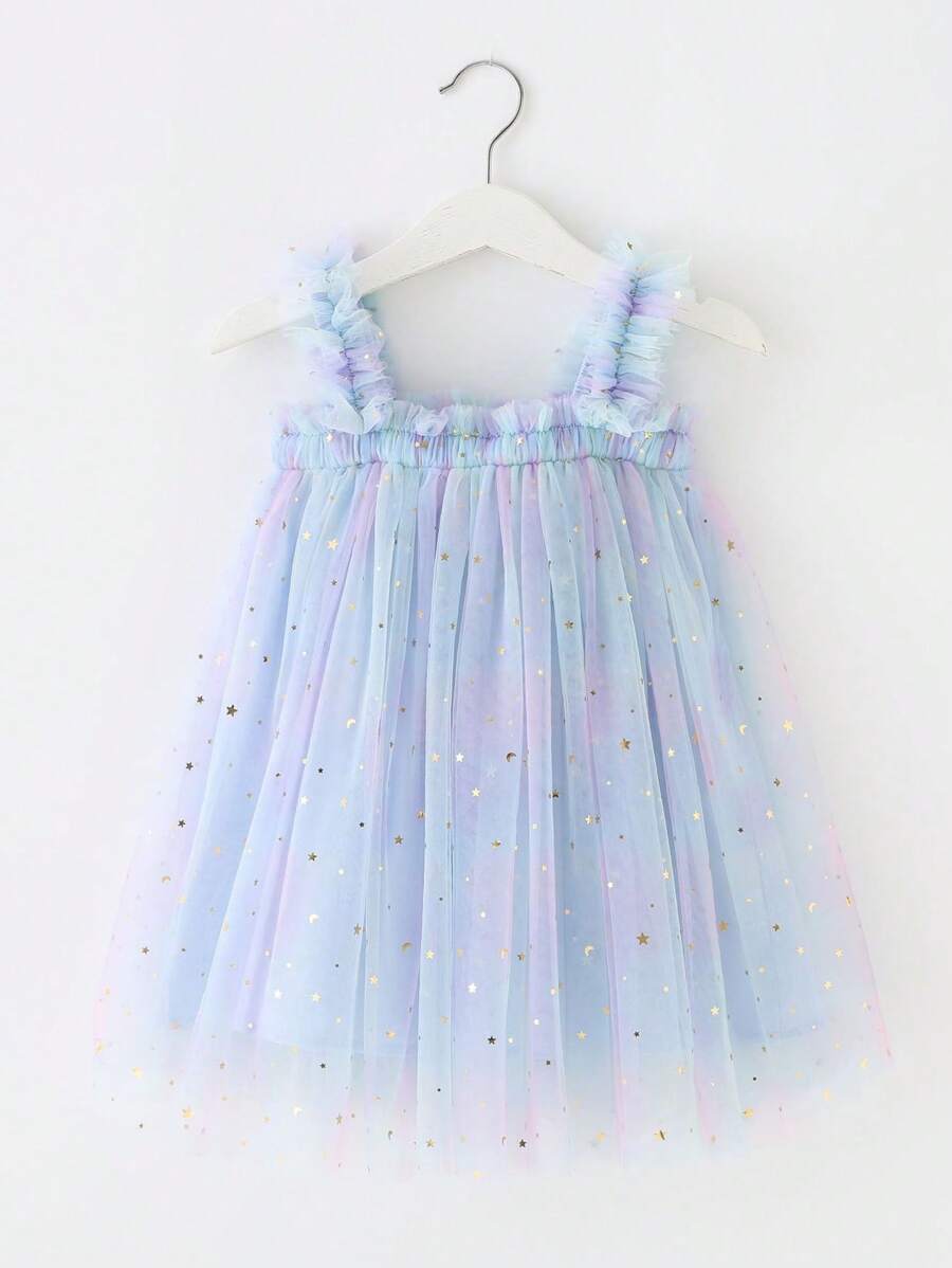 Vestido elegante y lindo para bebé niña sin mangas con tirantes, con aplicación de estrellas y lunas en degradado de color y malla, ropa de bebé para fiesta de cumpleaños, elegante, graduación, verano - Celeste - Ver 1