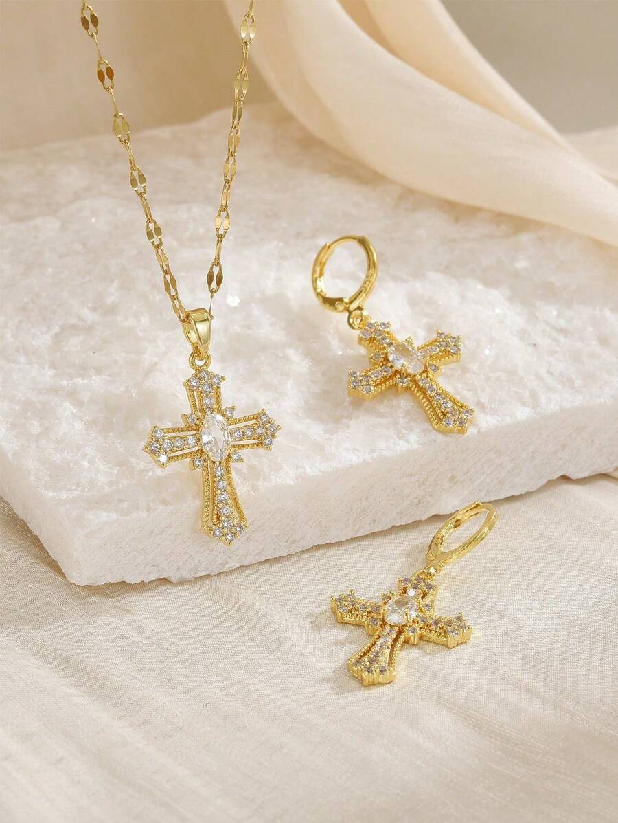 1 件女士奢华不锈钢方晶锆石十字架项链 - 金黃色 - 查看 1