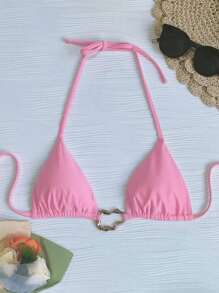 Strappy Hollow-Out Sexy Halter Neck Bikini Set - Pink - View 5