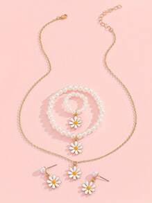 1 Set Cute & Sweet Versatile Oil Drop Flower Charm Pearl Bracelet, Rings, Earrings, Necklace, Accessories