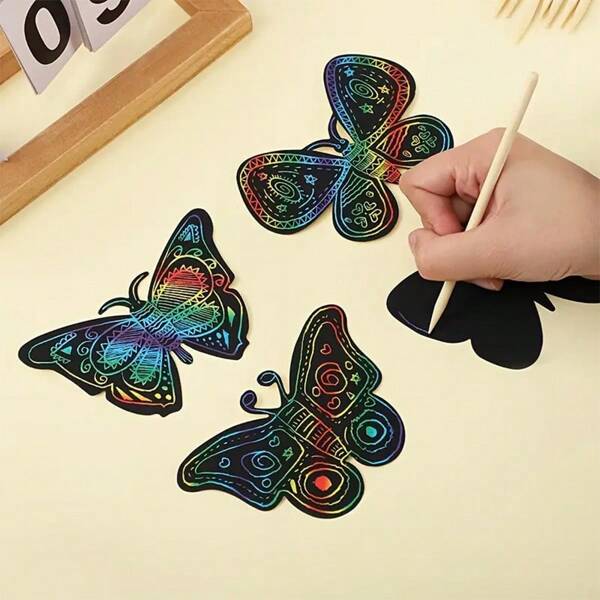 Conjunto de pintura para arranhões Butterfly World com 12/24/36 peças - Conjunto de pintura para arranhões em arco-íris, vem com caneta de madeira e fitas coloridas, adequado para sala de aula, casa, festa e feriado, conjunto de artesanato faça você mesmo, pode ser usado como decoração de bolos
