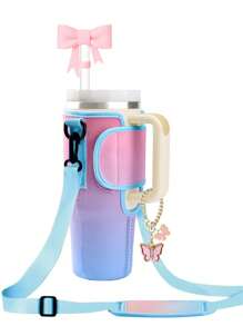 Water Bottle Carrier Bag With Handles Set,With 1 Bow Straw Hat And 1 Butterfly Bracelet, Bottle Bag With Adjustable Shoulder Strap,Compatible With Stanley 40oz 30oz Tumbler With Handle, Cup Accessories , Valentine's Day, Mother's Day, Birthday Gift, Back To School Supplies - Multicolor - View 16