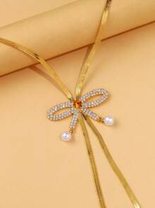 1pc Women Gold Bowknot Tassel Necklace, Music Festival Accessory - Gold - View 6