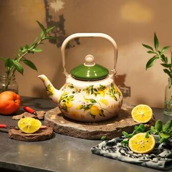 1 pieza Tetera esmaltada con tapa verde y asa, diseño con patrón de flor de limón - Diseño de patrón cítrico vívido, resistente al calor, apto para servir café, té, jugo y leche - Excelente para decoración del hogar, fiestas, camping y uso al aire libre, decoración de cocina con limón, de vuelta a la escuela