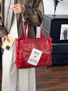 透明口袋设计，大容量男女通用手提包带零钱包，新款韩版学院风多口袋书包，百搭休闲斜挎包，中号帆布包，透明PVC口袋止痛包 - 紅色 - 查看 10