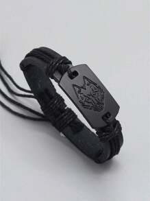 1pc Men's Punk Leather Bracelet, Black Wolf Head Handmade Braided Leather Cord Wristband