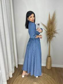 Striped Midi DressStripedelegantConservative / ModestPartyPocketButton - Azul - Ver 2